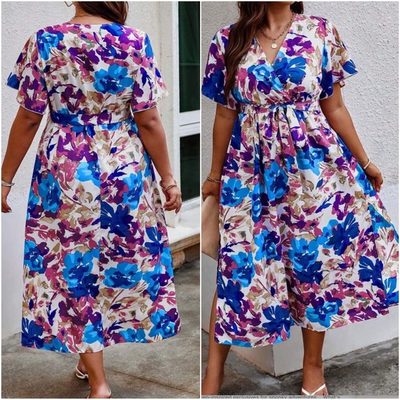 Plus Floral Print Butterfly Sleeve Dress - Picture 7 of 8